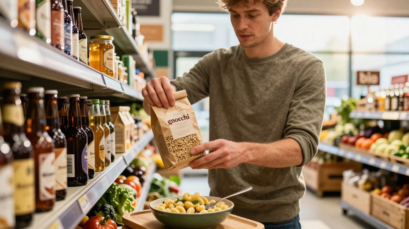 Homem em supermercado a segurar embalagem de gnocchi junto a prato de massa numa bancada.