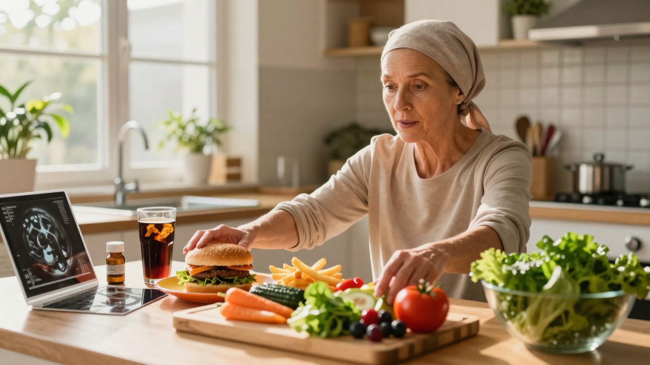 Mulher com lenço na cabeça escolhe entre hambúrguer e vegetais frescos numa cozinha iluminada.