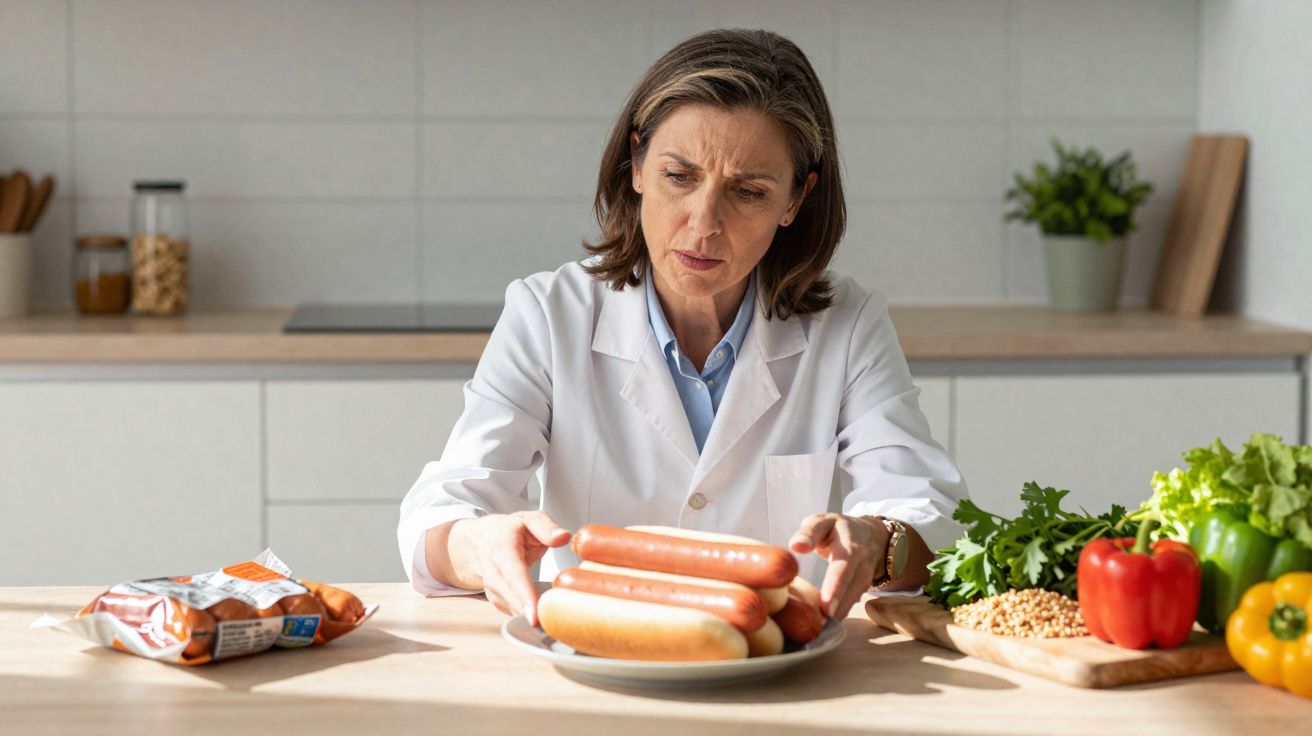 Mulher de bata branca analisa salsichas num prato, com legumes e ervas frescas sobre a mesa.