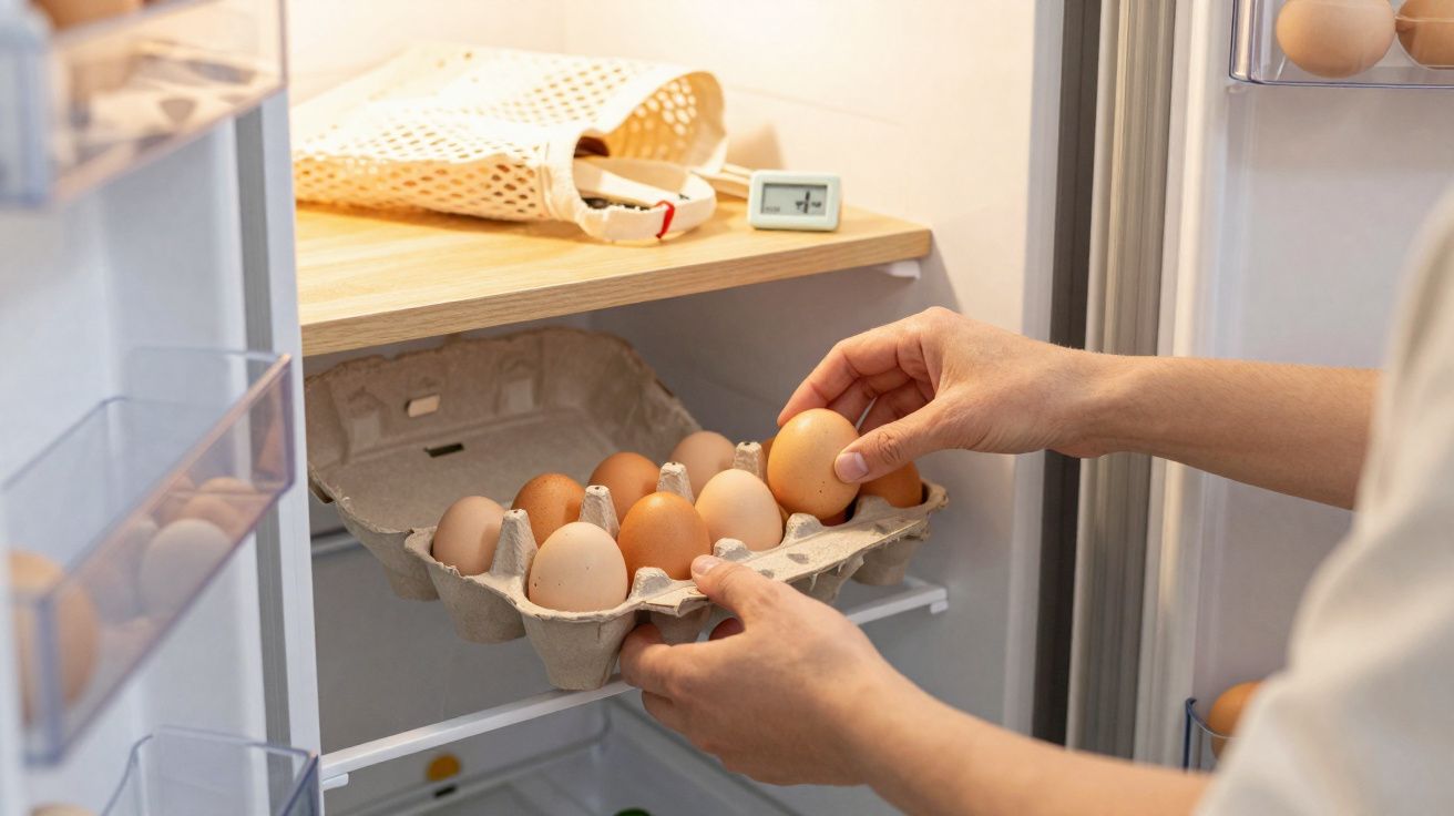 Mãos a retirar ovos de cartolina do frigorífico com ovos castanhos e brancos visíveis.