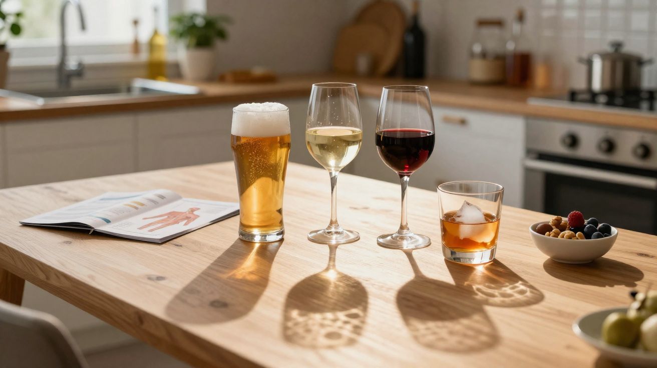 Mesa de madeira com copos de cerveja, vinho branco, vinho tinto, whisky e tacinhas com frutas e frutos secos.