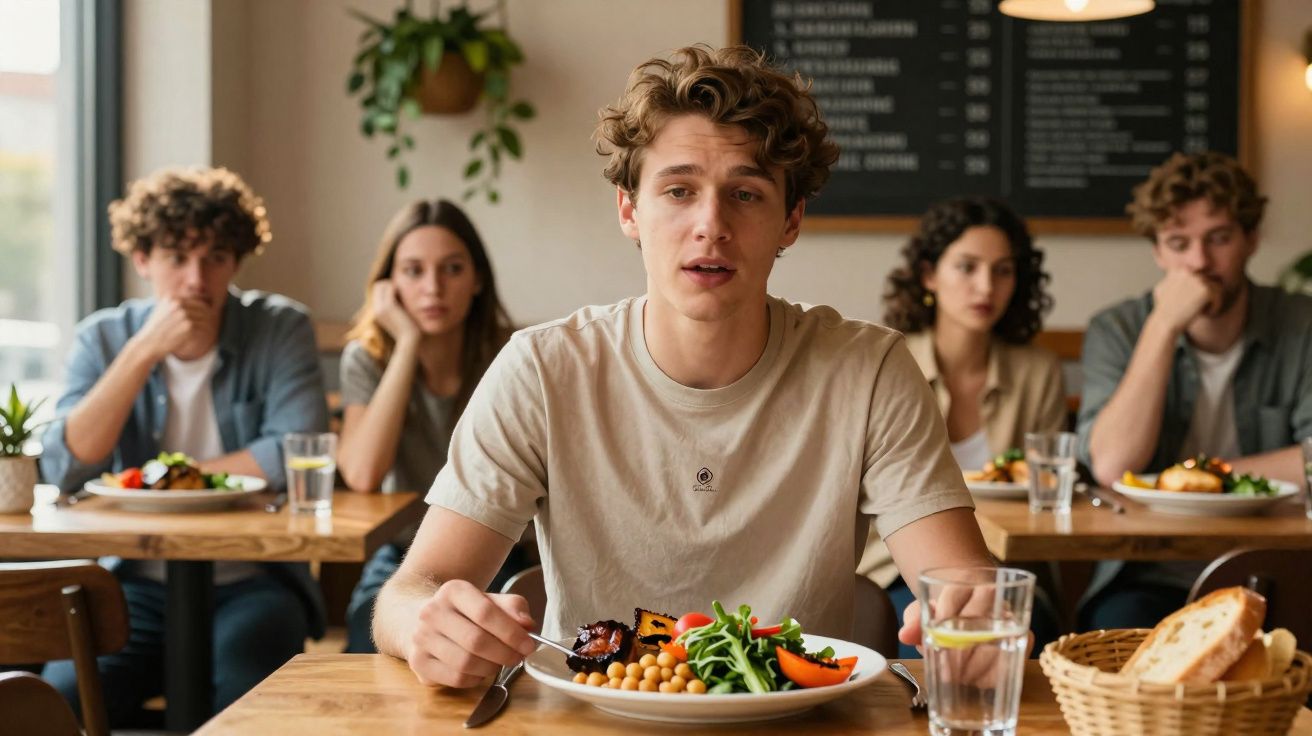 Jovem com expressão desconfortável a comer acompanhado por quatro pessoas sentadas ao fundo num restaurante.