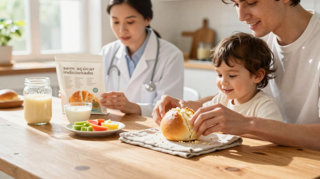 Pai e filho partilham pão à mesa enquanto médica observa pacote de pão sem açúcar adicionado.