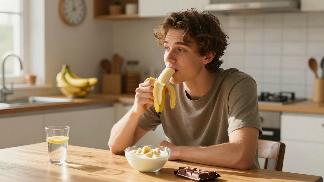 Homem jovem a comer banana na cozinha, com tigela de fruta e barra de chocolate na mesa.