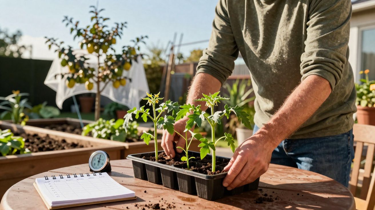Pessoa a cuidar de plantas jovens numa horta caseira com registo e monitor de temperatura na mesa.
