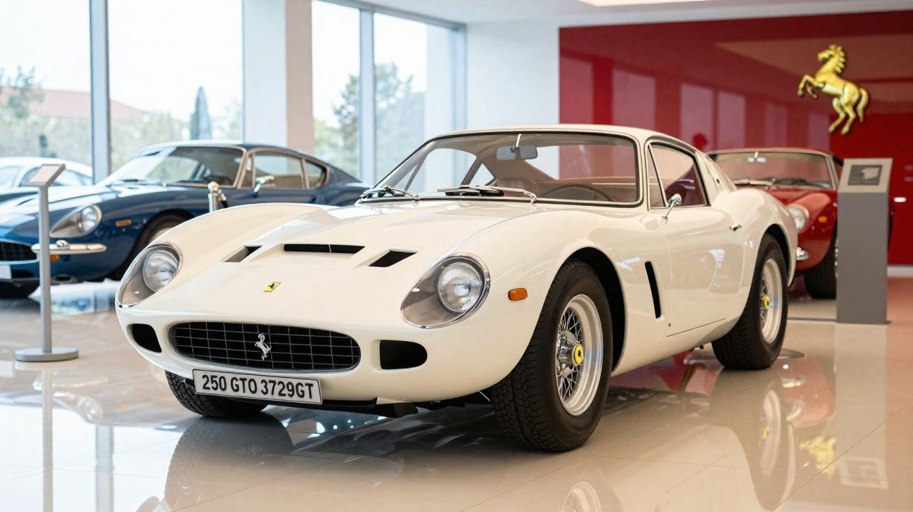 Carro desportivo clássico Ferrari branco estacionado em showroom com outros carros e logotipo Ferrari na parede vermelha.