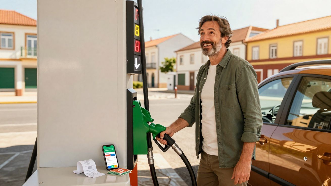 Homem sorridente a abastecer carro num posto de combustível ao ar livre numa cidade.