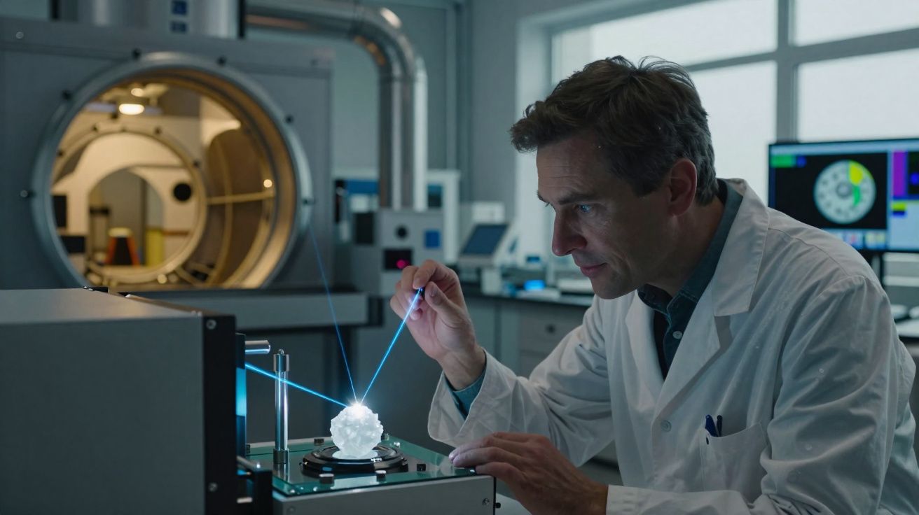 Cientista em laboratório a trabalhar com laser azul focado numa amostra iluminada e equipamentos médicos avançados.