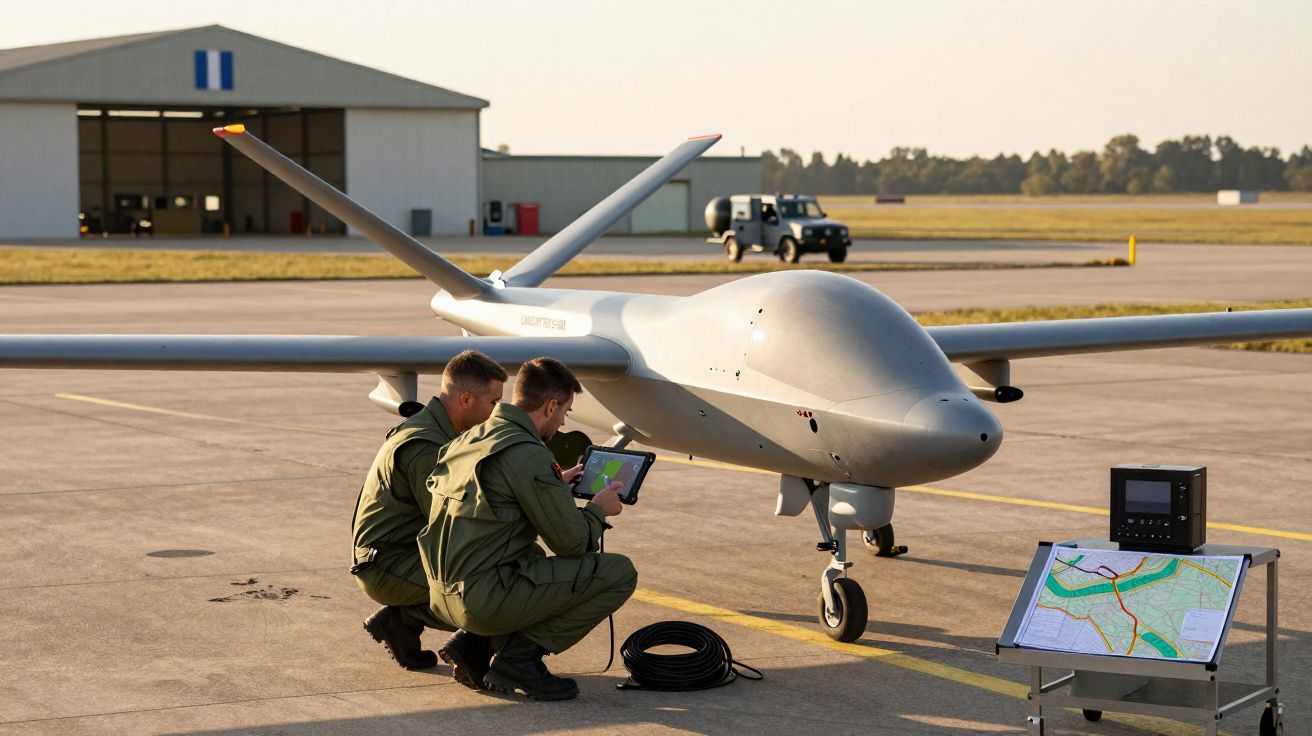 Dois soldados operam um drone militar no pátio de um aeroporto ao pôr do sol.