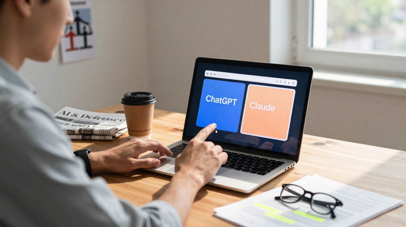 Pessoa a usar computador portátil com ecrã dividido entre ChatGPT e Claude, numa mesa com jornais e copo de café.