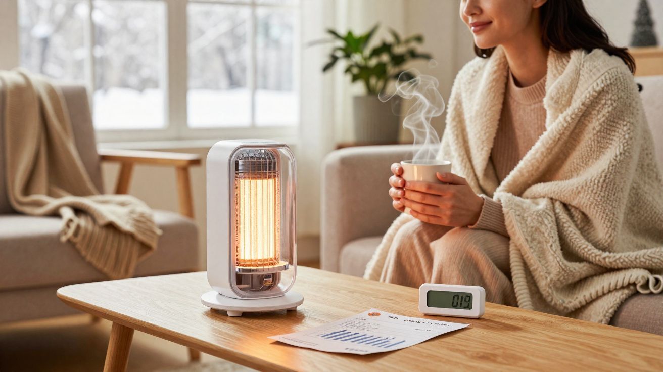 Mulher quente com manta toma bebida quente junto a aquecedor num ambiente acolhedor de sala de estar.