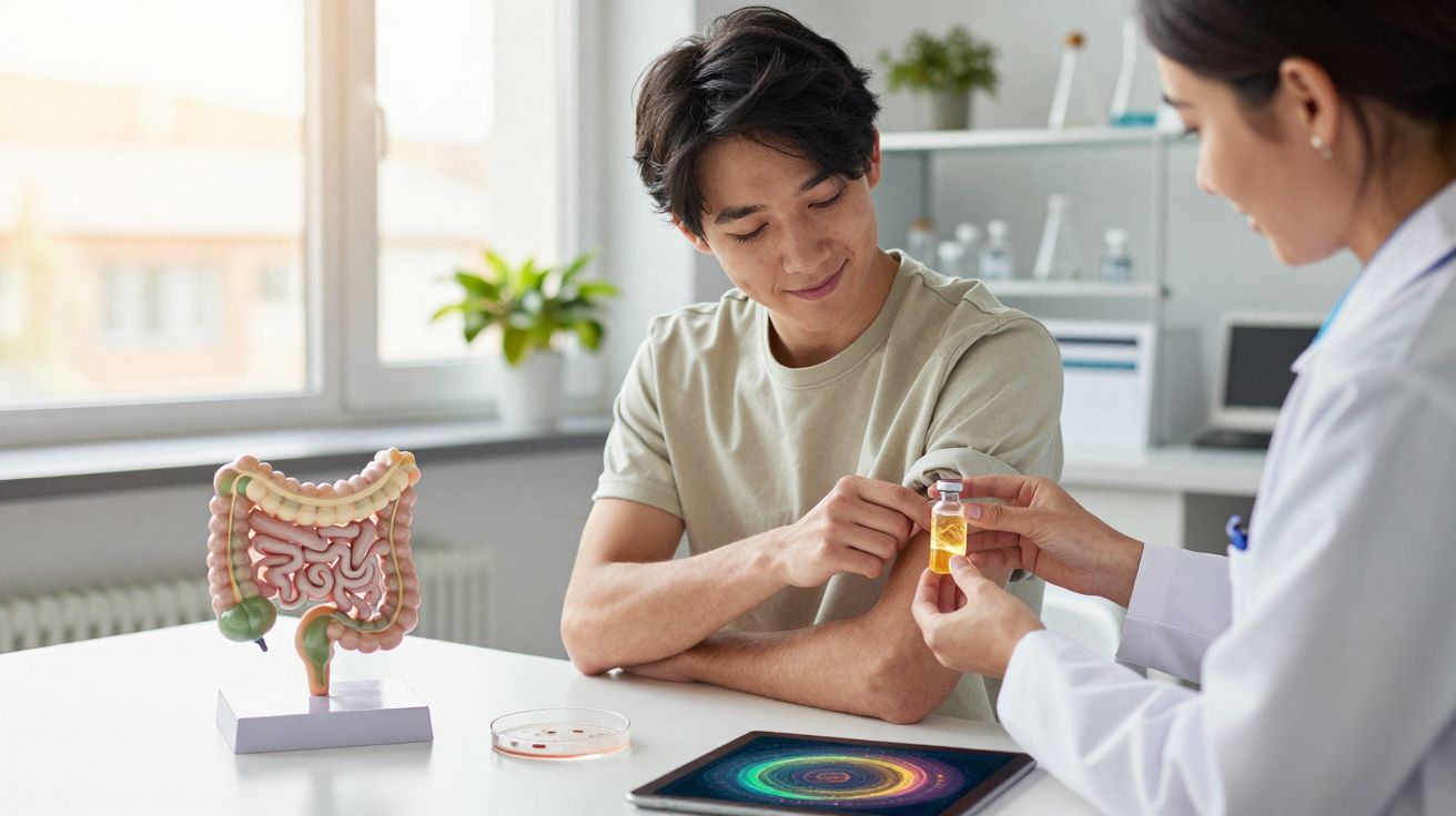 Paciente em consulta médica a receber explicações sobre medicação, com modelo de intestino e tablet na mesa.