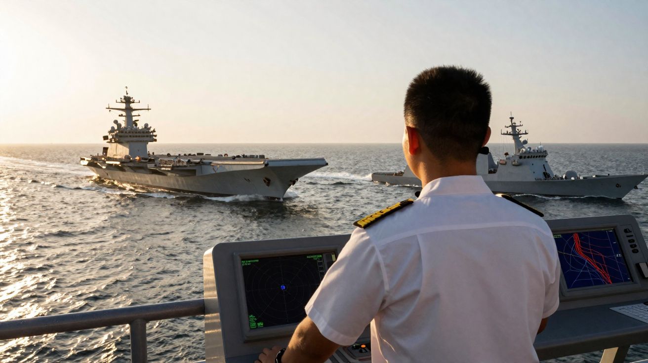 Oficial naval em posto de controlo com ecrãs, observando um porta-aviões e um navio de guerra no mar ao pôr do sol.