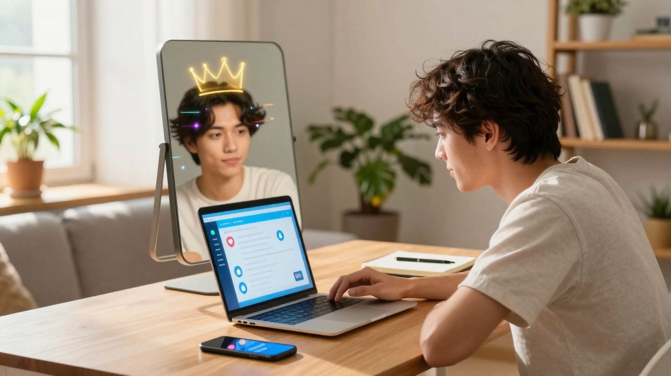 Jovem a trabalhar no portátil com espelho que mostra coroa iluminada na cabeça, simbolizando autoconfiança.