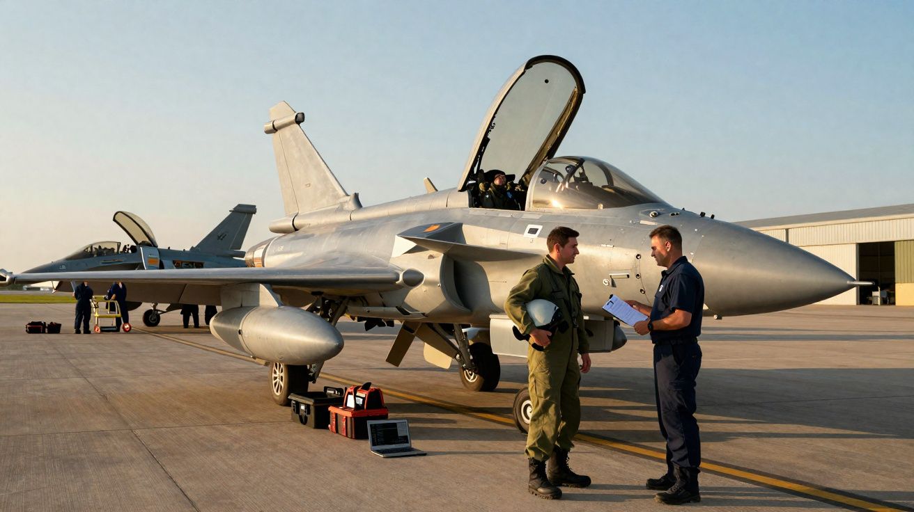 Dois militares junto a jato militar estacionado em pista de aeroporto ao amanhecer.