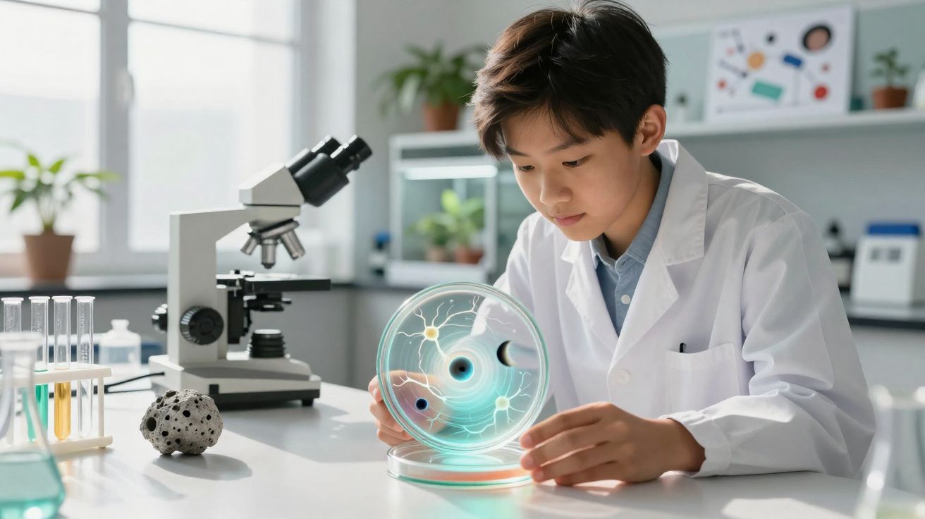 Criança de bata branca observa placa de petri com imagem digital em laboratório científico.