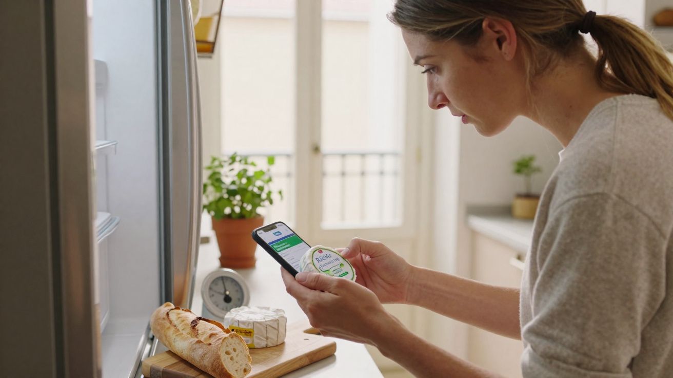 Mulher verifica informações de rótulo alimentar no telemóvel numa cozinha iluminada com pão e queijo na bancada.