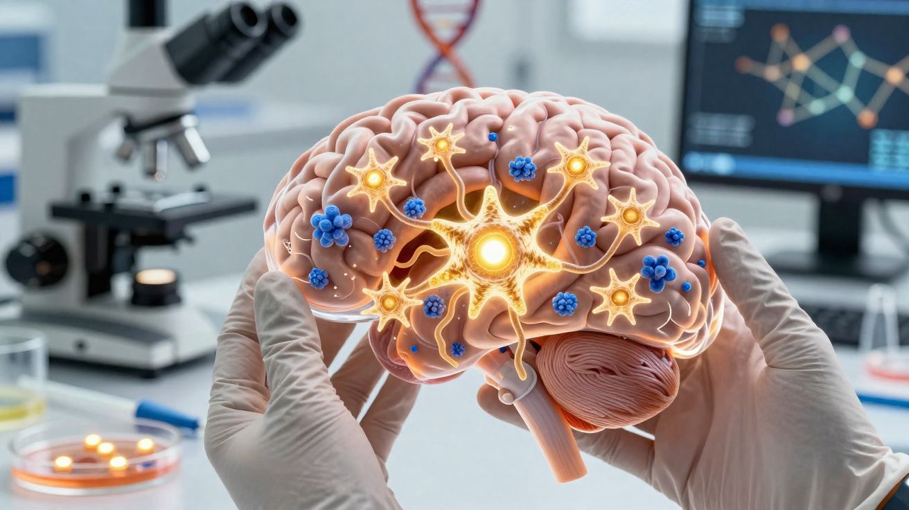 Mãos com luvas seguram modelo de cérebro com neurónios iluminados em laboratório científico.