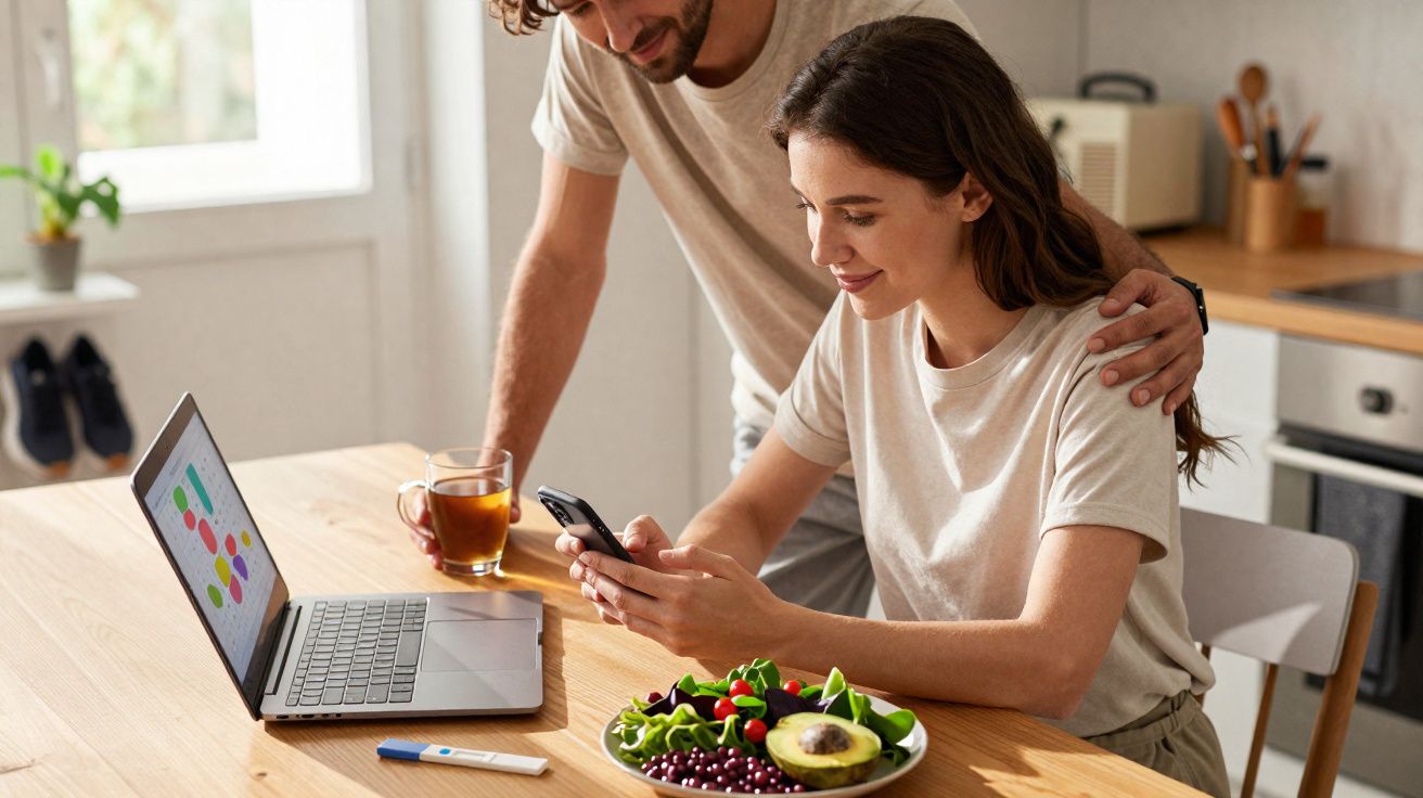 Casal junto a mesa com computador, smartphone, chá, prato de salada e teste de gravidez positivo.