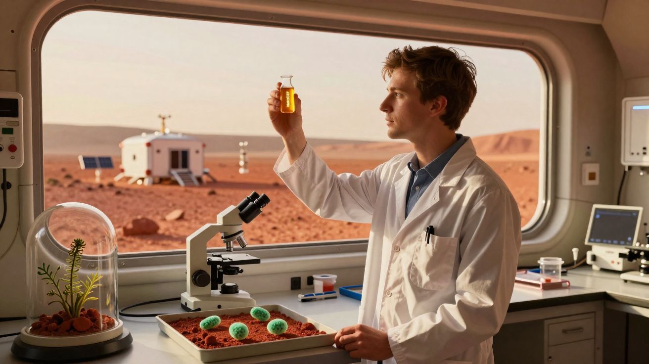 Cientista num laboratório em Marte analisa líquido amarelo enquanto observa amostras de solo marciano.