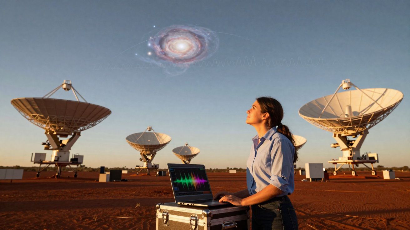 Mulher com computador ao ar livre perto de antenas parabólicas, a observar uma galáxia no céu ao entardecer.