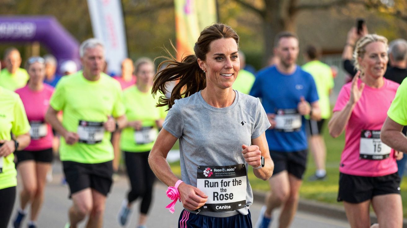 Mulher a correr numa corrida de rua, vestida de cinza, com várias pessoas a correr em seu redor.