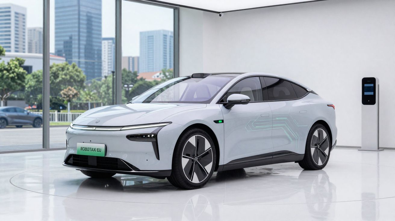 Carro elétrico branco moderno estacionado em sala branca com janelas grandes e cidade ao fundo.