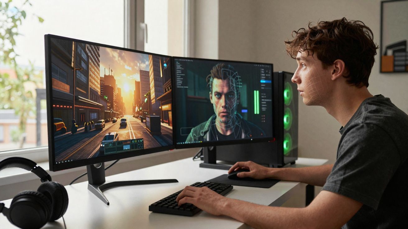 Jovem a trabalhar em edição de vídeo ou modelação 3D em dois ecrãs num escritório com luz natural.