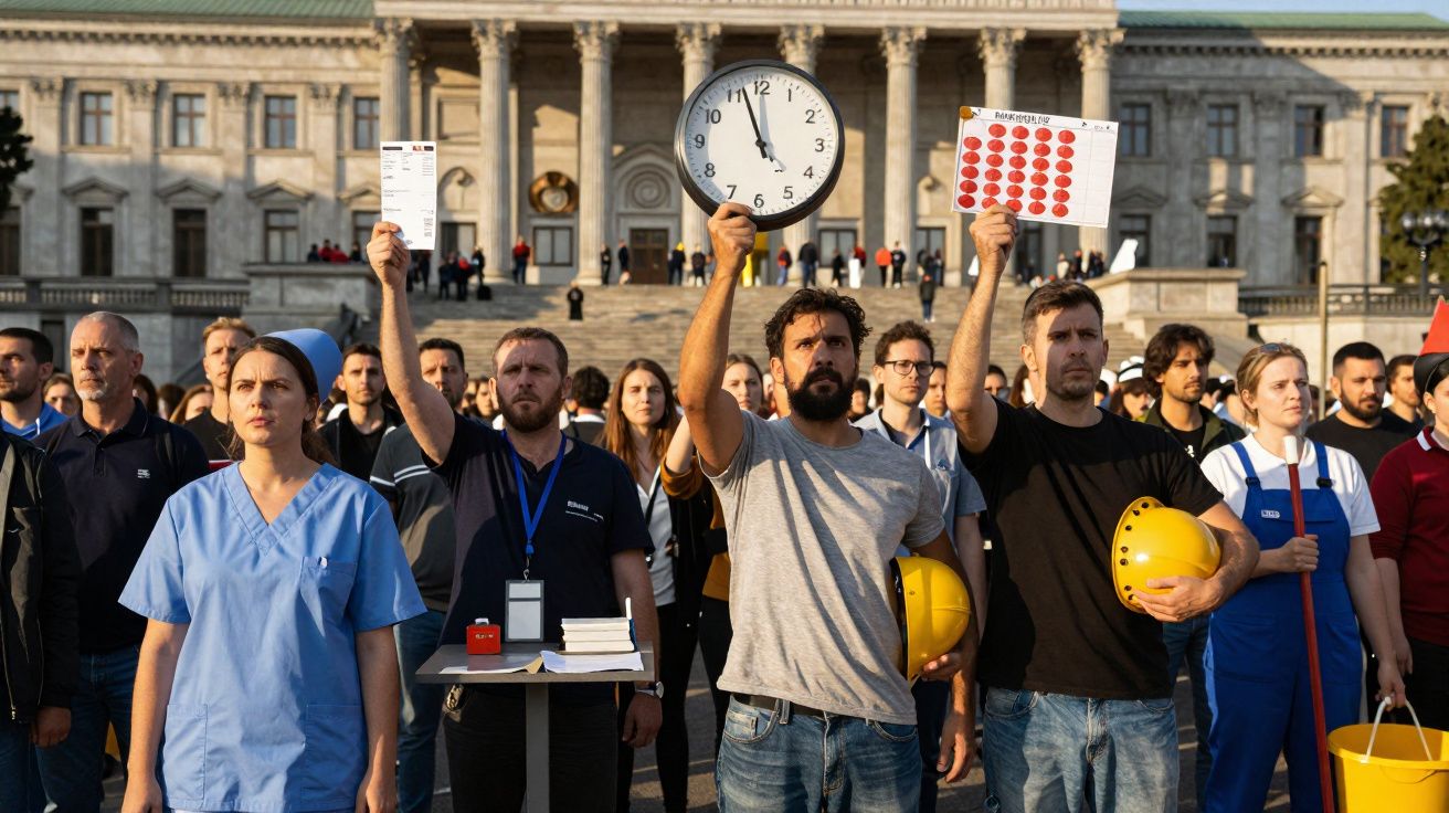 Grupo diverso de trabalhadores com objetos na mão em protesto em frente a edifício histórico.