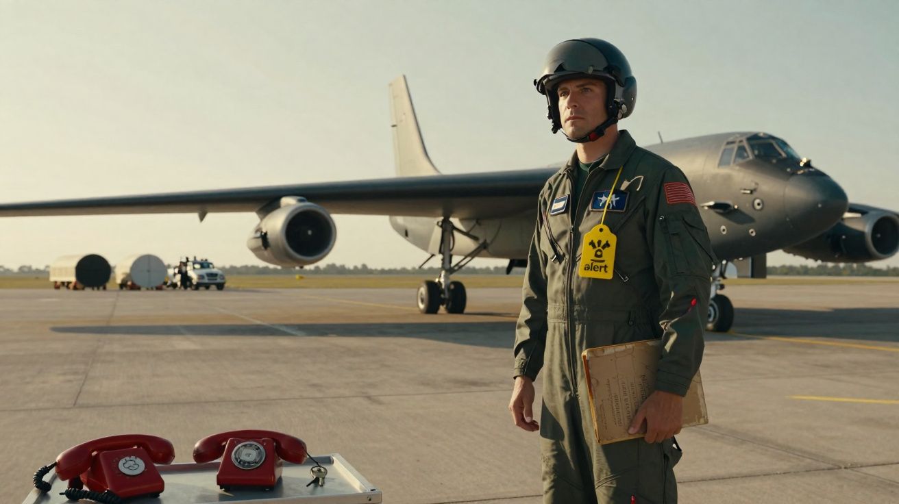 Piloto militar em fato de voo com capacete, segurando pasta, em pista com aviões e telefones vermelhos à frente.