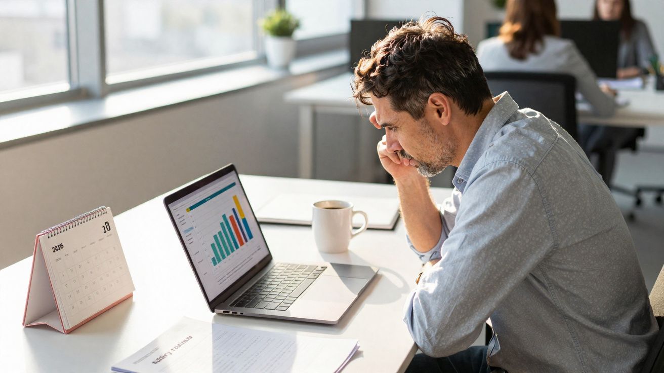 Homem a trabalhar num escritório, a analisar gráficos num computador portátil numa mesa com calendário e caneca.