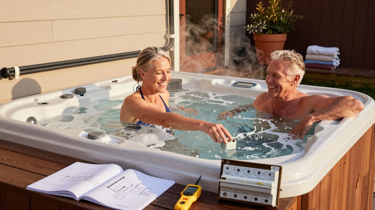 Casal sénior relaxa e diverte-se numa banheira de hidromassagem ao ar livre numa tarde ensolarada.