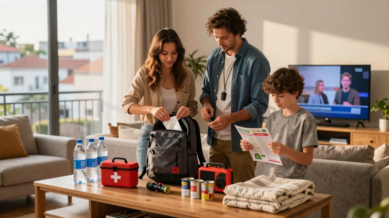 Família prepara mochila com mantimentos e kit de emergência numa sala de estar.