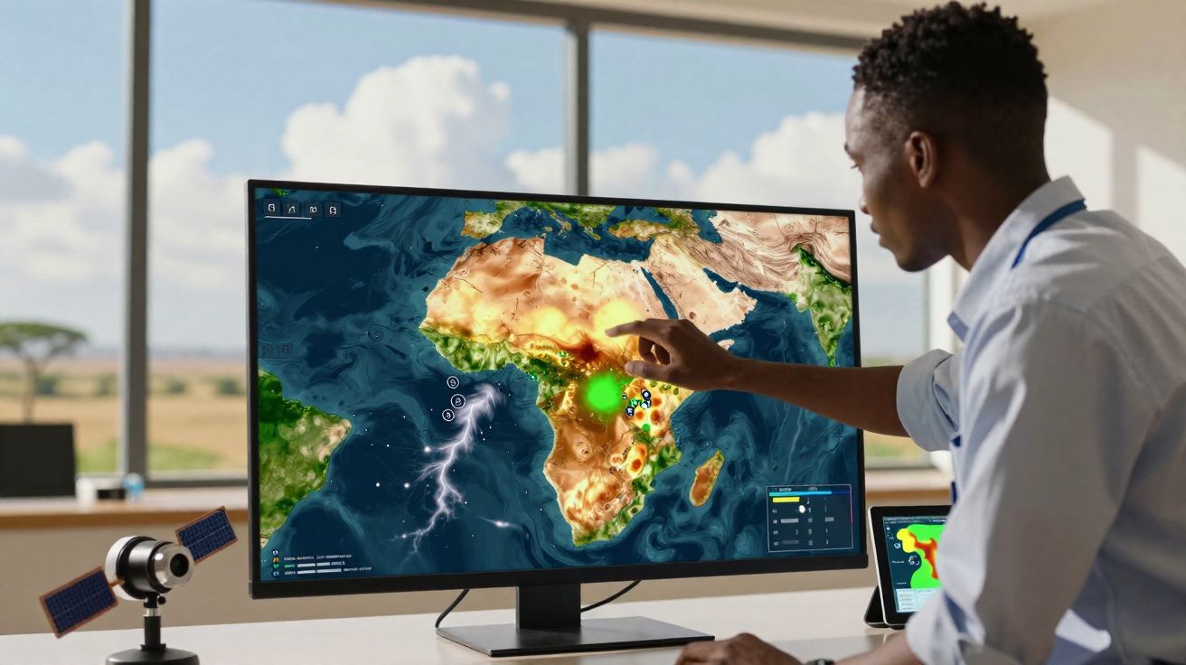 Homem analisa dados meteorológicos da África num ecrã de computador num escritório moderno.