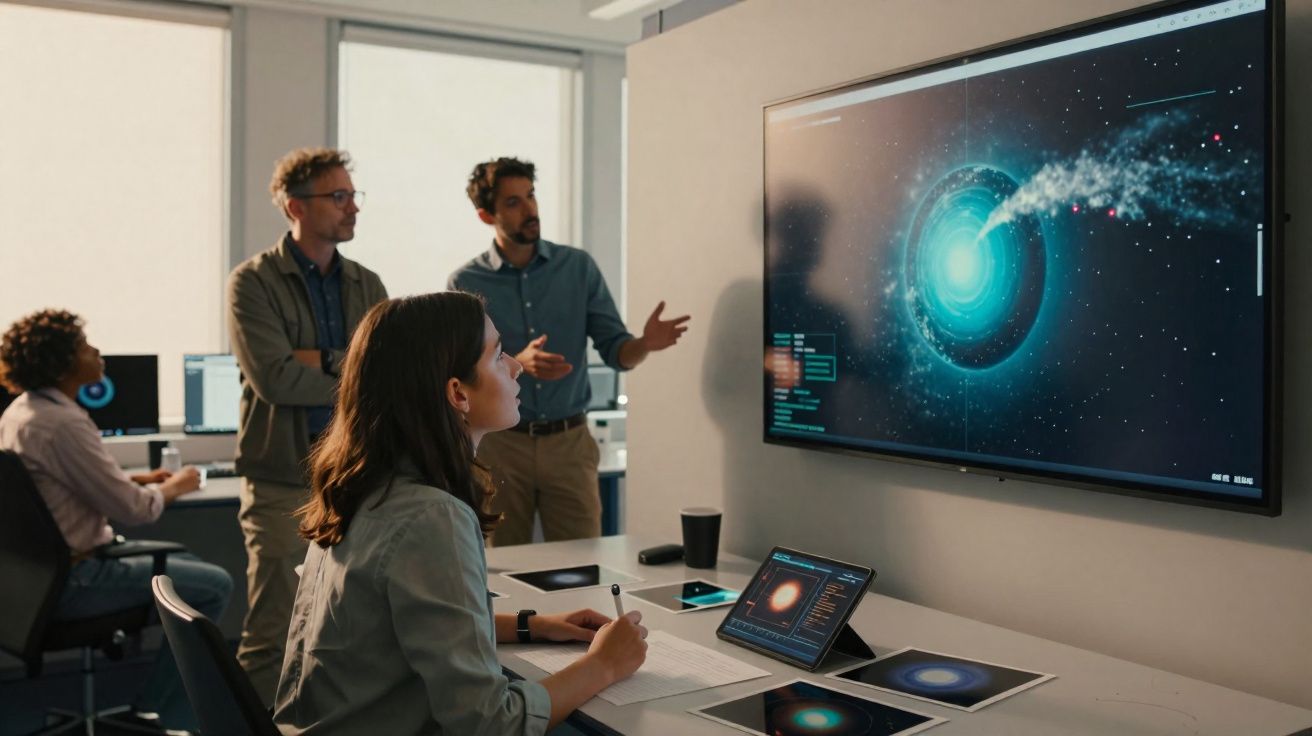 Equipa de cientistas analisa gráficos digitais de galáxias numa sala de reuniões moderna.