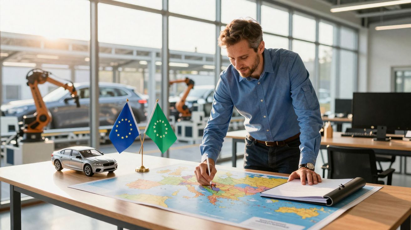 Homem a desenhar num mapa da Europa numa mesa com bandeiras e modelo de carro numa sala moderna de trabalho.