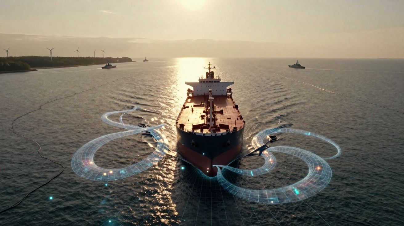 Navio de carga no mar com gráficos digitais a simular monitorização e análise de dados em volta.