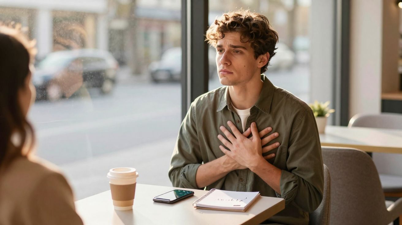 Homem jovem sentado em café com as mãos no peito, aparentando desconforto ou dor ao falar com outra pessoa.