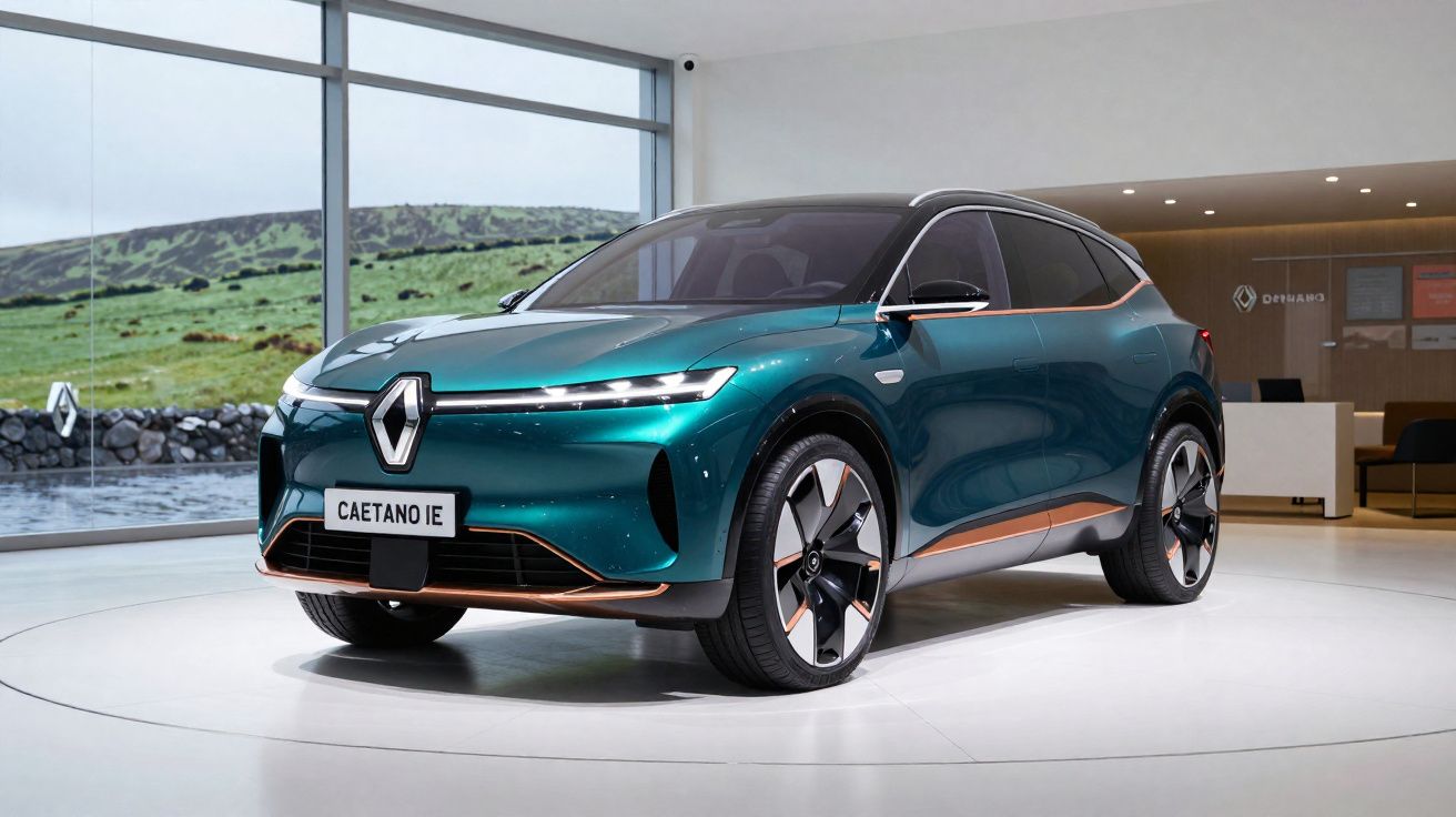 Automóvel elétrico Caetano IE verde metálico exposto num showroom moderno com janelas amplas.