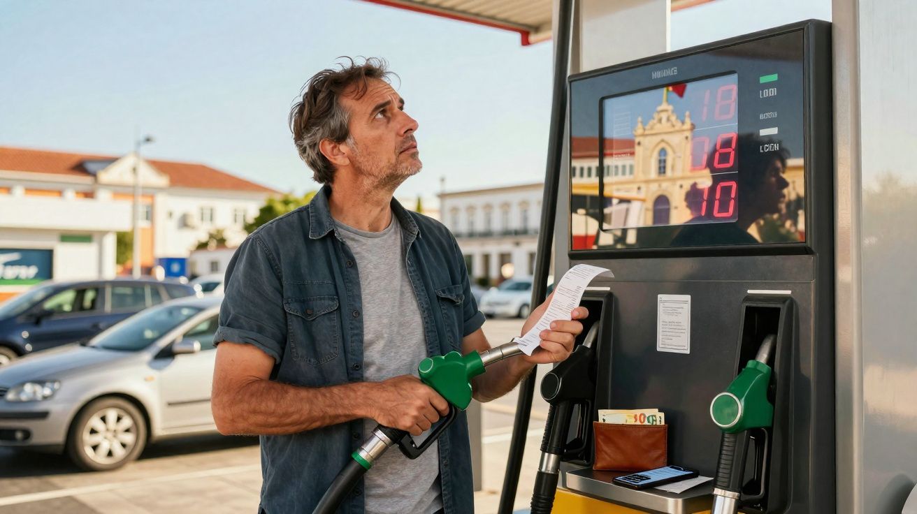 Homem segura pistola de combustível e consulta recibo numa bomba de gasolina ao ar livre.