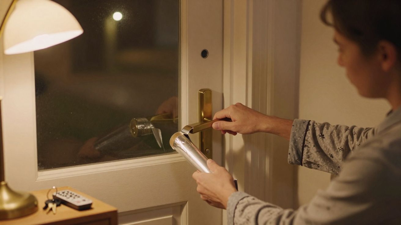 Pessoa a abrir a porta com uma mão e a segurar uma lata na outra num ambiente interior iluminado.