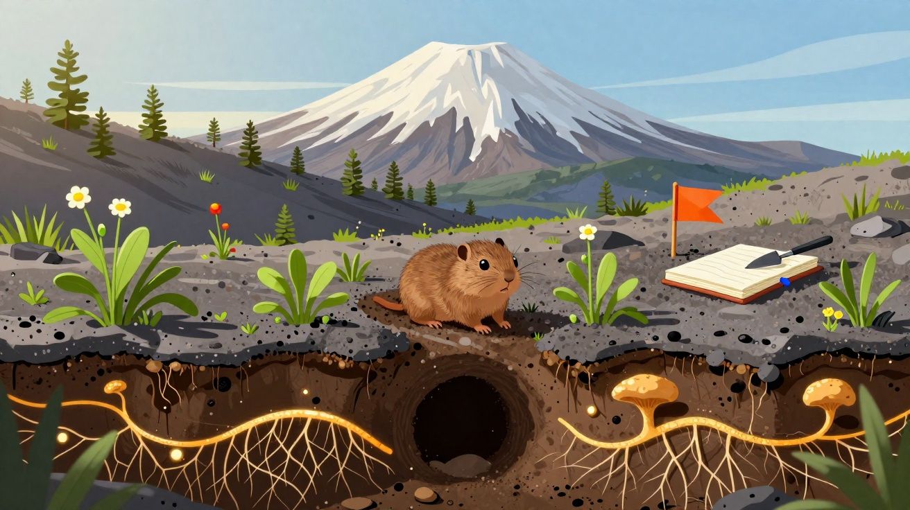 Montanha nevada ao fundo com vegetação, um animal pequeno na terra e um caderno com bandeira laranja.