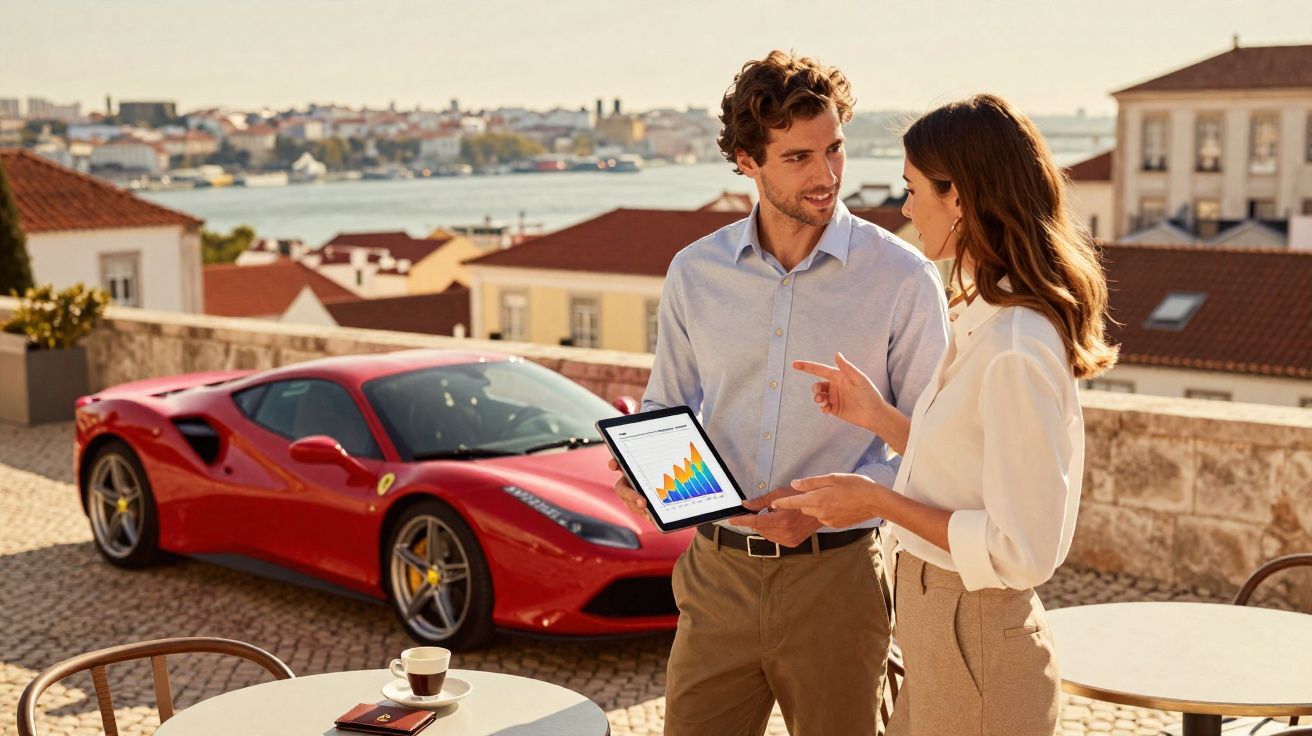 Dois adultos analisam dados num tablet ao ar livre, com carro desportivo vermelho e paisagem urbana ao fundo.