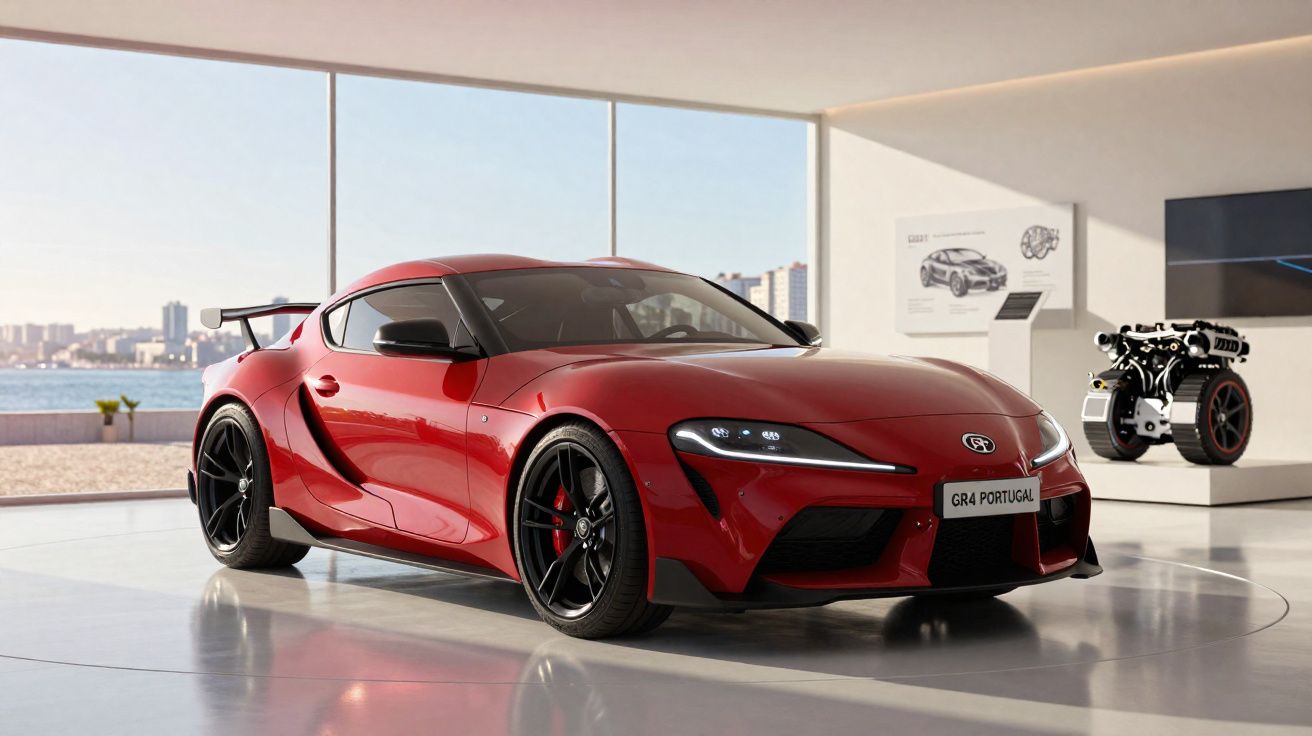 Carro desportivo vermelho Toyota GR4 exposto num showroom com vista para a cidade e mar.