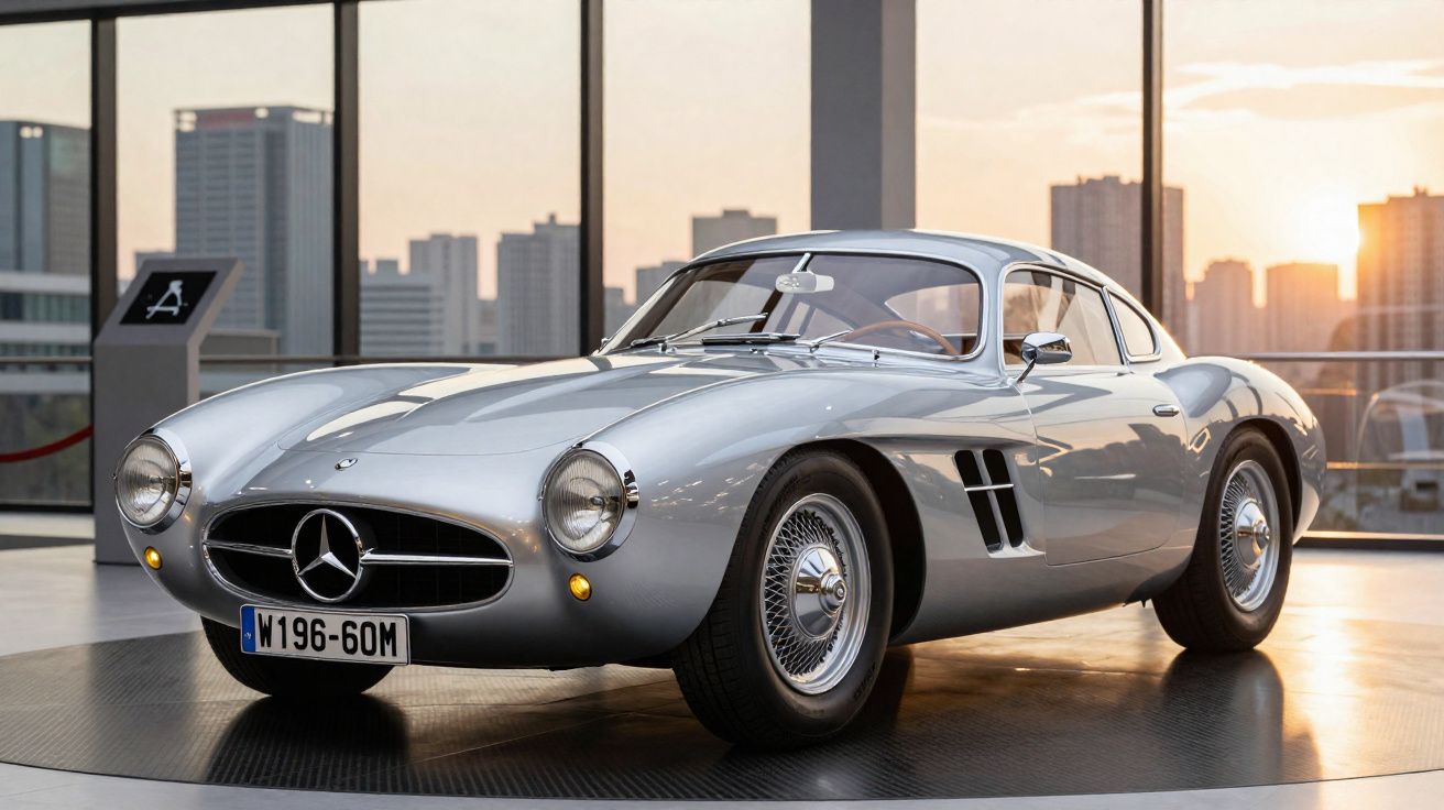 Carro clássico prata Mercedes-Benz em exposição com janela e skyline urbano ao pôr do sol.