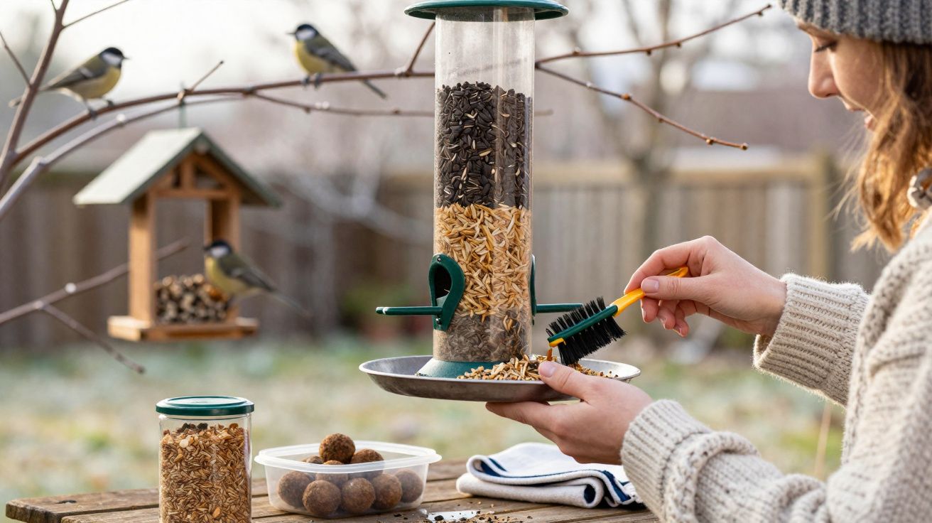 Pessoa a limpar bebedouro de aves com pássaros em galhos próximos num jardim.