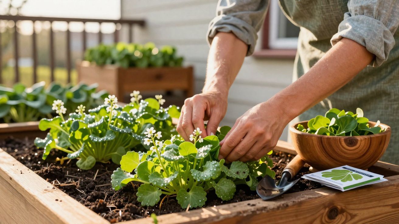 Mãos a cuidar de plantas verdes com pequenas flores brancas numa horta elevada de madeira ao ar livre.