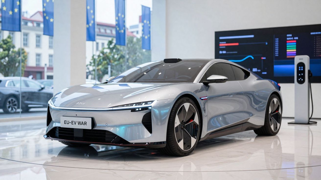 Carro elétrico desportivo prateado em exposição numa sala moderna com ecrãs digitais ao fundo.