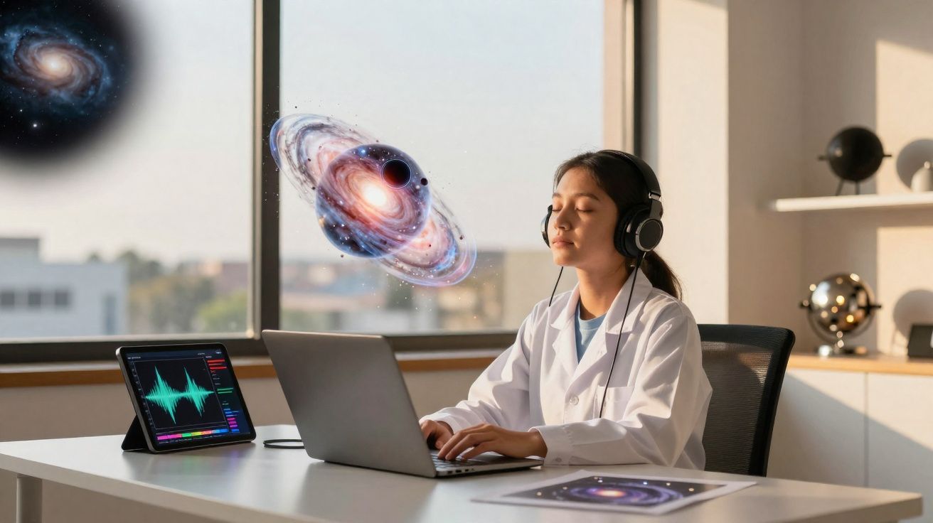 Jovem cientista com bata branca e auscultadores trabalha num portátil com imagens de galáxias virtuais à sua volta.