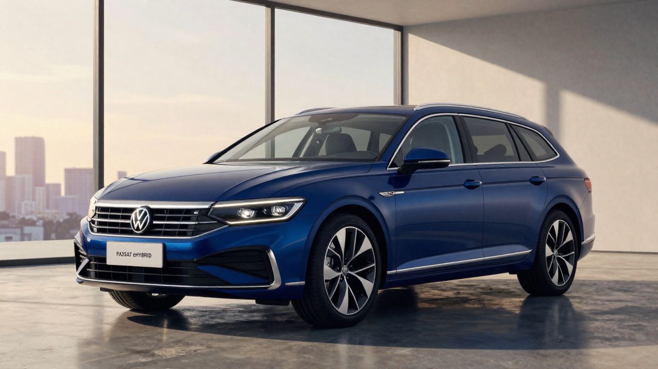 Carro familiar Volkswagen Passat eHybrid azul numa garagem com janelas grandes e vista urbana ao fundo.